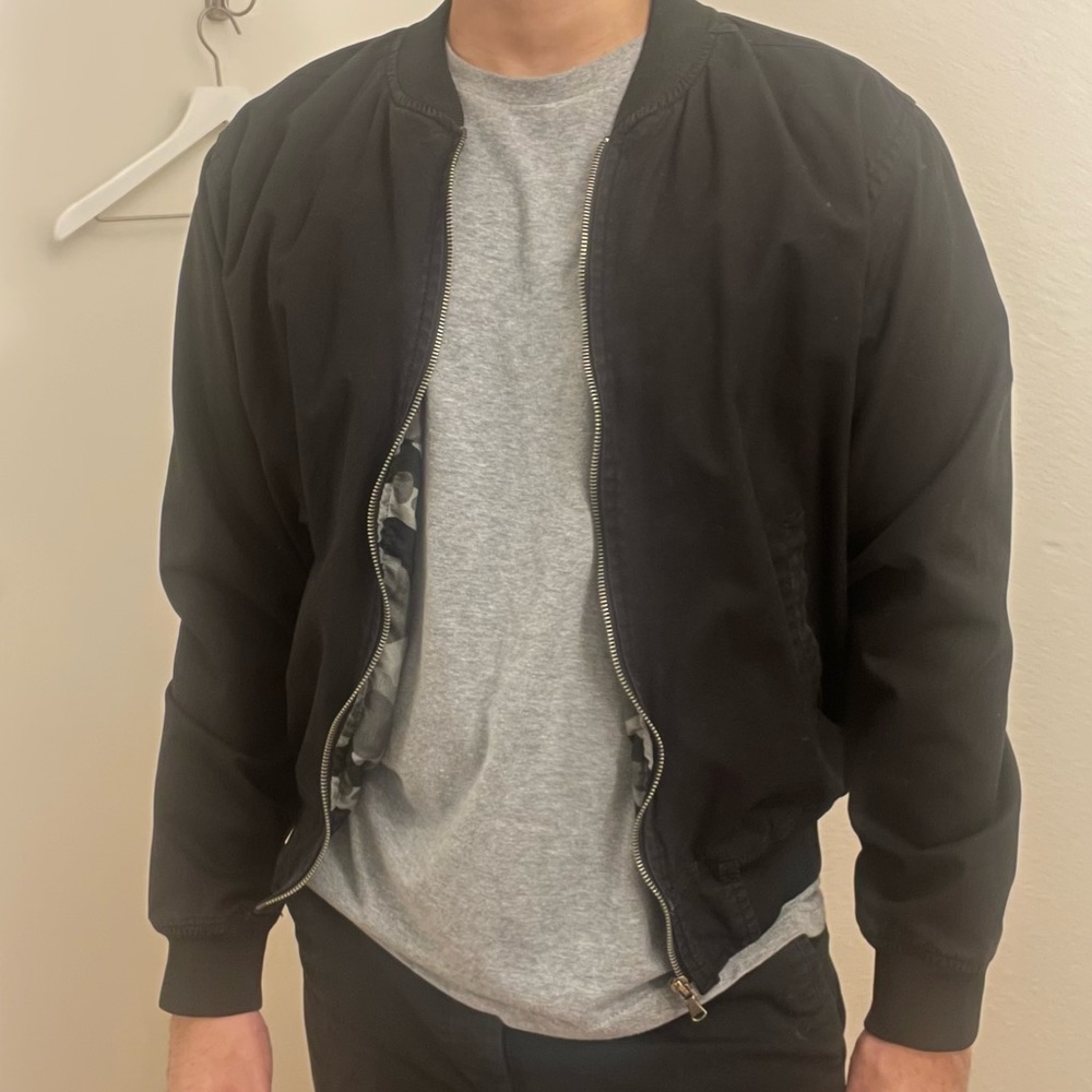 Black bomber jacket with inner camo print.